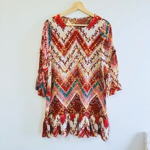 New! 100% Silk Multicolor Chevron 3/4 Sleeve Dress